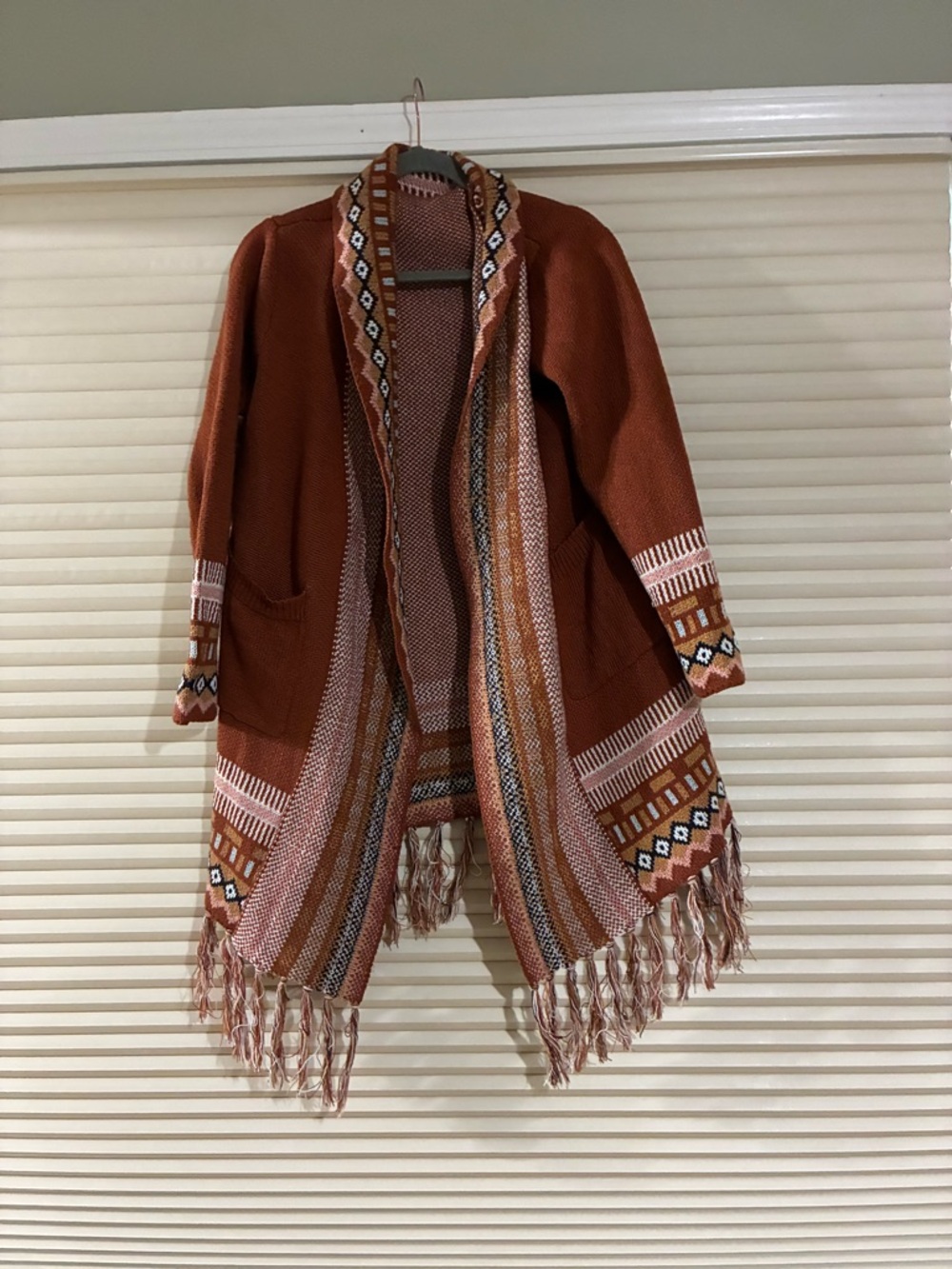 Rust Fringe Open-Front Cardigan Sweater